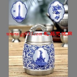 廣東文化特色青花瓷純錫茶葉罐定制